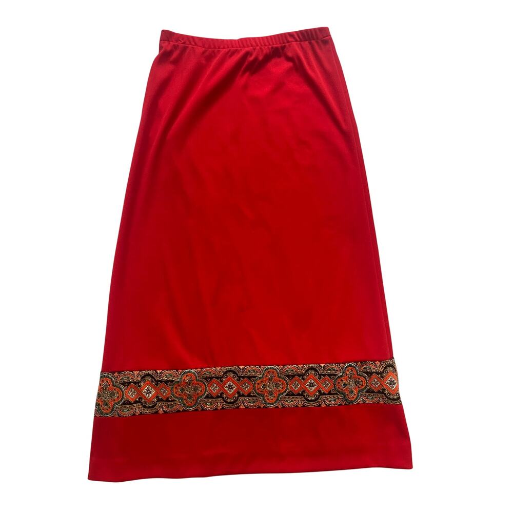 VTG 70s Miss Charm of Boston Red Boho Maxi Skirt Geometric Border Print Hippie L